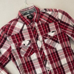 Rock & Republic Western Shirt Mens MEDIUM Red/Black Plaid Button Up Roll Tab EUC